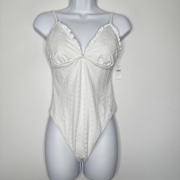 Old Navy One Piece Swimsuit Size S White Eyelet Embroidered Ruffle - Picture 1 of 5
